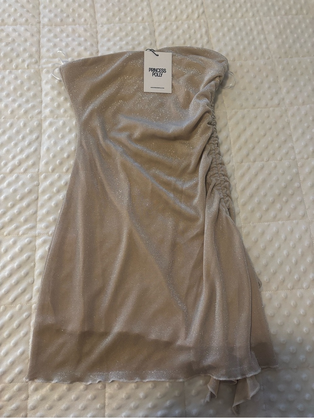 Princess Polly Shimmery Taupe Strapless Ruched Mini Dress